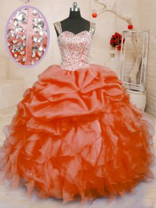 Pick Ups Floor Length Ball Gowns Sleeveless Orange Red Sweet 16 Quinceanera Dress Lace Up