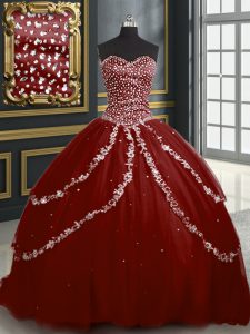 Burgundy Sleeveless With Train Beading and Appliques Lace Up 15 Quinceanera Dress