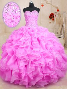 Traditional Ball Gowns 15 Quinceanera Dress Rose Pink Sweetheart Organza Sleeveless Floor Length Lace Up