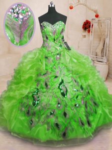 Dynamic Ball Gowns Sweetheart Sleeveless Organza Floor Length Lace Up Beading and Appliques and Ruffles Sweet 16 Quincea
