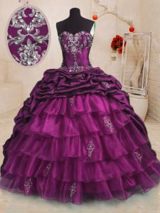 Perfect With Train Purple Quince Ball Gowns Organza and Taffeta Sweep Train Sleeveless Beading and Appliques and Ruffles
