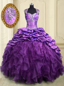 Ideal Purple Cap Sleeves Brush Train Beading and Ruffles and Pick Ups With Train Quinceanera Gown