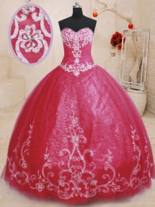 Red Tulle Lace Up Sweetheart Sleeveless Floor Length Quinceanera Gowns Beading and Embroidery