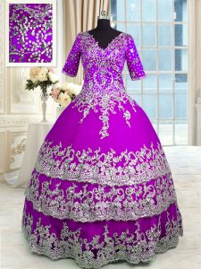 High End Purple Satin and Tulle Zipper Quinceanera Gowns Half Sleeves Floor Length Appliques and Ruffled Layers