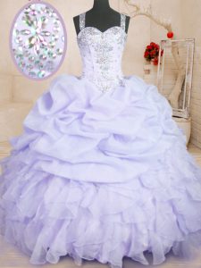 Unique Straps Sleeveless Organza Ball Gown Prom Dress Beading and Ruffles and Pick Ups Zipper