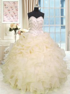 Decent Sleeveless Floor Length Beading and Ruffles Lace Up Sweet 16 Dress with Champagne