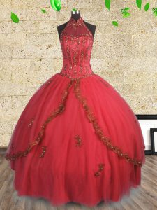 Clearance Halter Top Sleeveless Lace Up Quinceanera Dresses Red Tulle
