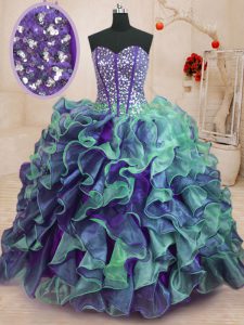 Sleeveless Lace Up Floor Length Beading and Ruffles 15th Birthday Dress