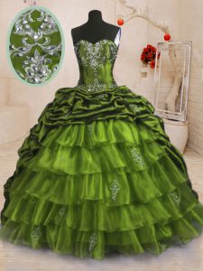 Affordable Olive Green Sweetheart Lace Up Beading and Appliques and Ruffled Layers and Pick Ups Quinceanera Gown Sweep T