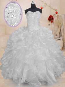 White Ball Gowns Organza Sweetheart Sleeveless Beading and Ruffles Floor Length Lace Up Ball Gown Prom Dress