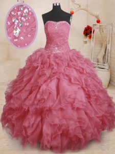 Sleeveless Beading and Ruffles and Ruching Lace Up Ball Gown Prom Dress
