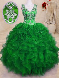 Green V-neck Zipper Beading and Embroidery and Ruffles Quinceanera Gowns Sleeveless
