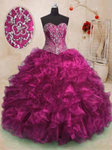 Fuchsia Sleeveless With Train Beading and Ruffles Lace Up Quinceanera Dresses