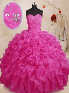 Clearance Organza Sweetheart Sleeveless Lace Up Beading and Ruffles Quinceanera Gown in Hot Pink