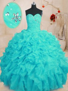 Organza Sweetheart Sleeveless Lace Up Beading and Ruffles Quinceanera Gowns in Aqua Blue