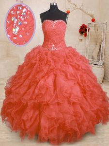 Orange Red Sleeveless Floor Length Beading and Ruffles and Ruching Lace Up 15th Birthday Dress