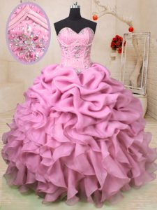 Baby Pink Ball Gowns Organza Sweetheart Sleeveless Beading and Ruffles and Pick Ups Floor Length Lace Up Quince Ball Gow