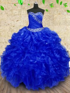 Sweet Royal Blue Organza Lace Up Quinceanera Gown Sleeveless Floor Length Beading and Ruffles and Ruching