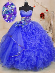 Sweet Floor Length Lace Up Sweet 16 Quinceanera Dress Royal Blue for Military Ball and Sweet 16 and Quinceanera with Bea