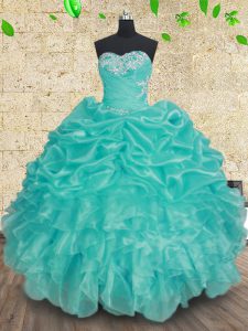Clearance Sleeveless Organza Floor Length Lace Up Vestidos de Quinceanera in Aqua Blue with Beading and Ruffles and Ruch
