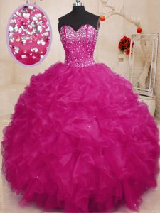 Sleeveless Floor Length Beading and Ruffles Lace Up Sweet 16 Dress with Fuchsia