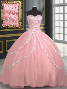 Unique Tulle Sweetheart Sleeveless Brush Train Lace Up Beading and Appliques Sweet 16 Dresses in Pink