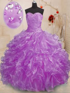 Top Selling Purple Ball Gowns Organza Sweetheart Sleeveless Beading and Ruffles Floor Length Lace Up Quinceanera Dress