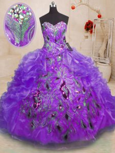 Organza Sweetheart Sleeveless Zipper Beading and Appliques and Ruffles 15th Birthday Dress in Purple
