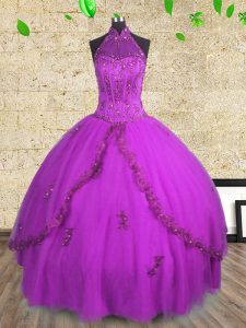 Halter Top Purple Sleeveless Floor Length Beading Lace Up 15 Quinceanera Dress