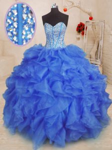 Organza Sweetheart Sleeveless Lace Up Beading and Ruffles Quinceanera Dresses in Royal Blue