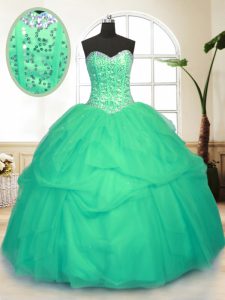 Adorable Floor Length Green Quince Ball Gowns Tulle Sleeveless Sequins and Pick Ups