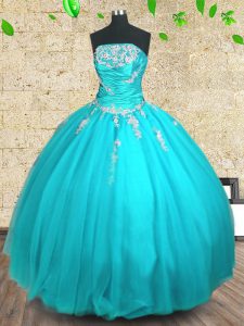 Noble Aqua Blue Quince Ball Gowns Military Ball and Sweet 16 and Quinceanera and For with Appliques and Ruching Straples