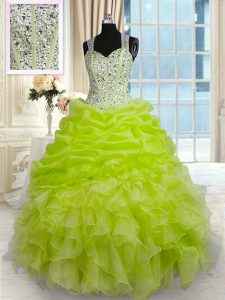 Yellow Green Organza and Taffeta Zipper Straps Sleeveless Floor Length Sweet 16 Quinceanera Dress Beading and Ruffles an