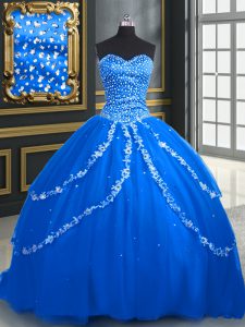 With Train Ball Gowns Sleeveless Blue Quinceanera Gown Brush Train Lace Up