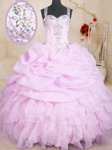 Organza Straps Sleeveless Lace Up Beading and Ruffles and Pick Ups Sweet 16 Quinceanera Dress in Lilac