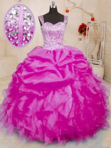 Fuchsia Quince Ball Gowns Military Ball and Sweet 16 and Quinceanera and For with Beading and Ruffles and Pick Ups Strap
