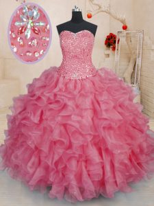 Charming Pink Sleeveless Organza Lace Up Vestidos de Quinceanera for Military Ball and Sweet 16 and Quinceanera