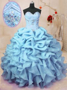 Elegant Sleeveless Organza Floor Length Lace Up Quinceanera Dresses in Baby Blue with Beading and Ruffles and Pick Ups