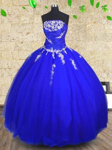 Captivating Royal Blue Strapless Lace Up Appliques and Ruching 15th Birthday Dress Sleeveless