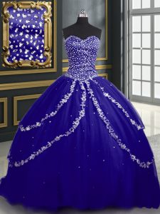 Stylish Sleeveless Brush Train Beading and Appliques Lace Up Quinceanera Gown