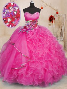 Flare Hot Pink Sleeveless Floor Length Beading and Ruffles Lace Up Sweet 16 Dresses