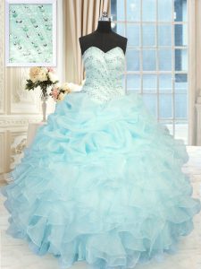 Pick Ups Aqua Blue Sleeveless Organza Lace Up Quinceanera Dresses for Military Ball and Sweet 16 and Quinceanera