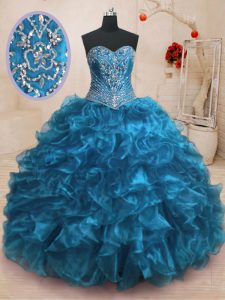 Elegant Organza Sleeveless With Train Quinceanera Gowns Sweep Train and Beading and Ruffles