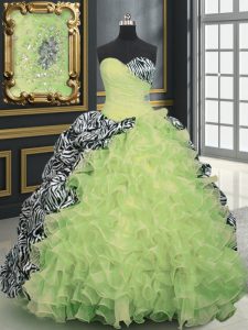 Sweetheart Sleeveless 15th Birthday Dress With Brush Train Beading and Ruffles and Pattern Yellow Green Organza and Prin