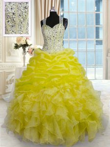 Yellow Ball Gowns Straps Sleeveless Organza Floor Length Zipper Beading and Ruffles Quinceanera Gown