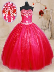 Ideal Red Ball Gown Prom Dress Military Ball and Sweet 16 and Quinceanera and For with Beading Sweetheart Sleeveless Lac