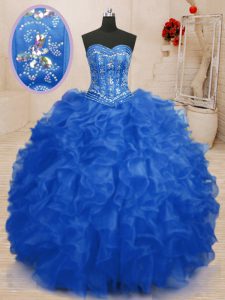 Glittering Floor Length Blue Sweet 16 Dress Organza Sleeveless Beading and Ruffles