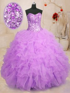 Perfect Lilac Sweetheart Lace Up Beading and Ruffles 15th Birthday Dress Sleeveless