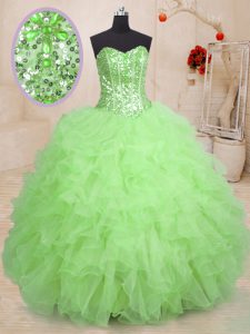 Pretty Ball Gowns Sweetheart Sleeveless Organza Floor Length Lace Up Beading and Ruffles Quinceanera Dresses
