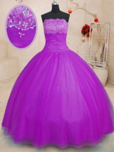 Floor Length Lace Up 15th Birthday Dress Purple for Military Ball and Sweet 16 and Quinceanera with Beading